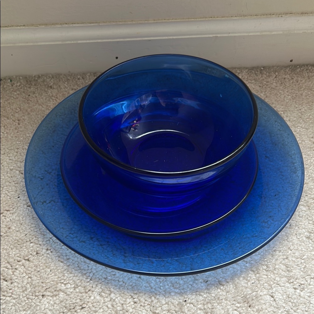 VINTAGE COBALT BLUE GLASS DINNERWARE SET – Made in Mexico- 3-Piece Place Setting